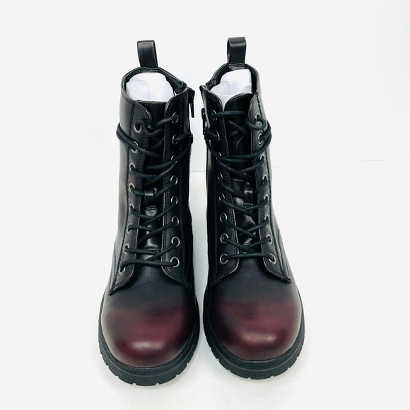 SO Women Burgundy Combat Boots Faux Leather Laced Up - Picture 2 of 10